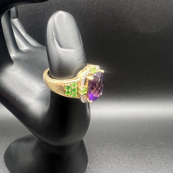 14k Gold ring, Amethyst Diamond, and Peridot Statement Ring, Size 7 - Picture 4 of 11
